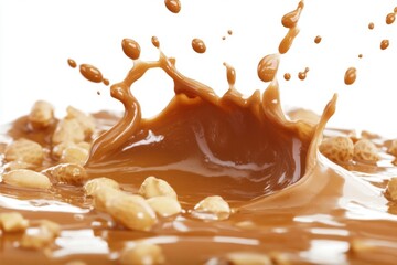 Caramel Splash with Peanuts Close-up on White Background Studio Shot Food Photography Dessert Sweet Treat Delicious