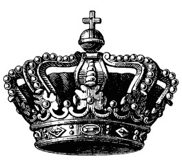 Detailed black ink crown drawing in antique engraving etching style.