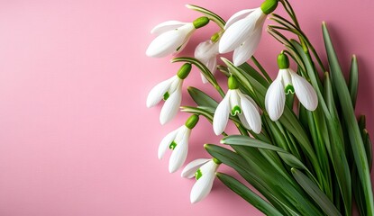 Fototapeta premium Delicate snowdrop bouquet on pink background