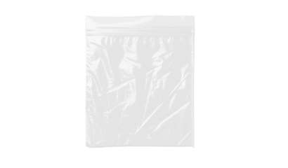 Minimalist ziplock-style plastic bag shown against a solid black background. The shiny, crinkled plastic texture and light reflections make it an excellent mockup for product packaging or branding.