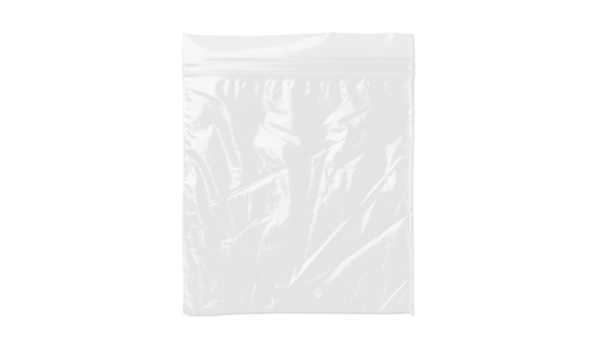 Minimalist ziplock-style plastic bag shown against a solid black background. The shiny, crinkled plastic texture and light reflections make it an excellent mockup for product packaging or branding.