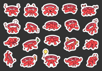 Cute kawaii cartoon karate belt characters with emotions expressions movements actions gestures and funny mascot outline minimal style design
