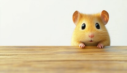 Adorable Golden Hamster Peeking Over Wooden Table Against White Background