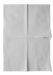 A realistic white paper sheet with horizontal and vertical folds and a slightly ripped edge, presented on a dark grey background. Ideal for collage, editorial design, or grunge-style layouts.