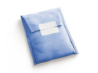 Blue paper envelope with transparent sticker label placed on white background. Crisp and professional look suitable for mailing, branding, and product packaging mockups.