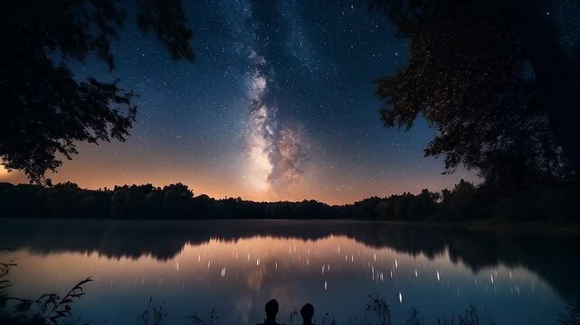 Two figures silhouetted against a tranquil lake,  starry night sky, and the Milky Way's reflection