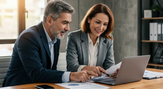 Successful business team reviewing documents on laptop
