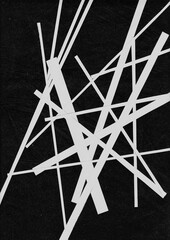 Arrangement of white paper strips over a black textured surface, forming a chaotic geometric pattern. Ideal for abstract backgrounds, modern art posters, or layout experimentation.