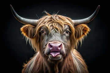 Keuken achterwand Schotse hooglander Funny Highland Cow Tongue Out - Black and White Night Photography  © sanom