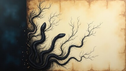 Surreal Art Print of Two Black Snakes Entwined with Tree Branches on Antique Parchment Background