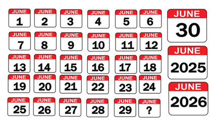 June Calendar 2025 & 2026 – Printable Vector Template with Daily Date Icons, Clean Layout & Red Header Design

