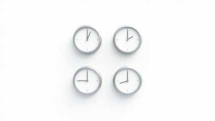 Four Modern Silver Clocks Showing Different Times on White Wall Background