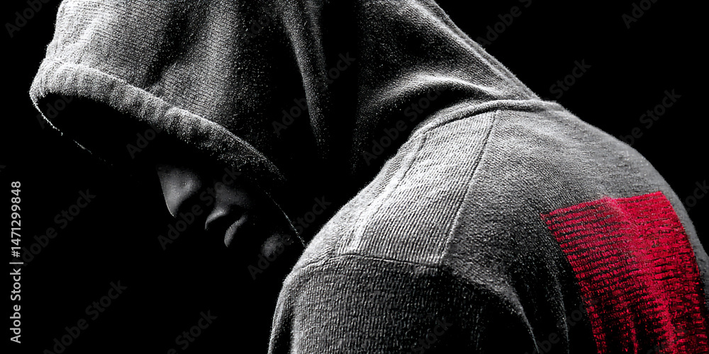 Poster anonymous figure in a grey hoodie looking away from the viewer, a partially visible red padlock icon