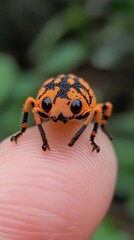 Fototapeta premium Bright Orange Insect on Finger Against Green Nature Background