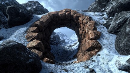 Ancient stone arch bridge spans a snowy mountain pass offe a scenic view of majestic peaks under a dramatic cloudy sky in winter landscape.