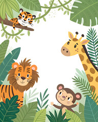 Naklejka premium Cartoon jungle animals including a tiger, lion, giraffe, and monkey with green leaves