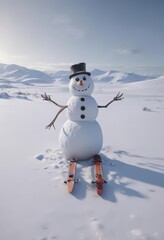 Obraz premium Lonely snowman in expansive snowy field, skis & sled nearby , serene, frost
