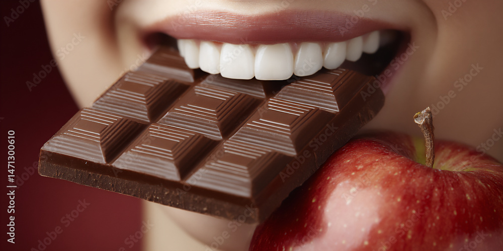 Poster close-up of a person happily biting into a crisp apple while a blurred chocolate bar sits in the bac