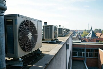 Naklejka premium Air conditioning units installed on the roof of an industrial structure.