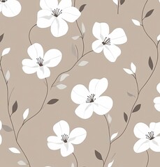 White Floral Vector Pattern on Beige Background for Surface Design