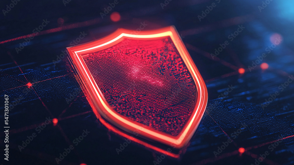 Poster workflow for results and achievements. digital shield symbolizing cybersecurity protection.