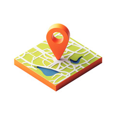 Colorful 3D Map Pin on Geographic Location with Roads and Water Features for Navigation and Exploration on transparent background