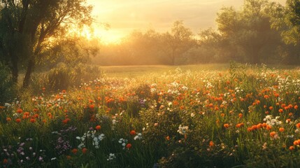 Obraz premium A sunlit meadow overflowing with wildflowers at dawn.