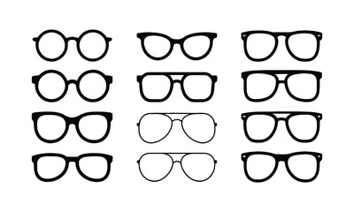 Modern vector illustration set featuring a variety of eyeglass and sunglasses silhouettes, easily scalable and editable.
