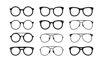 Modern vector illustration set featuring a variety of eyeglass and sunglasses silhouettes, easily scalable and editable.
