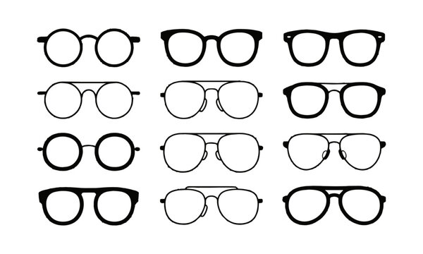 Modern vector illustration set featuring a variety of eyeglass and sunglasses silhouettes, easily scalable and editable.