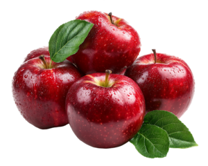 Five Red Apples with Green Leaves on Transparent Background, PNG