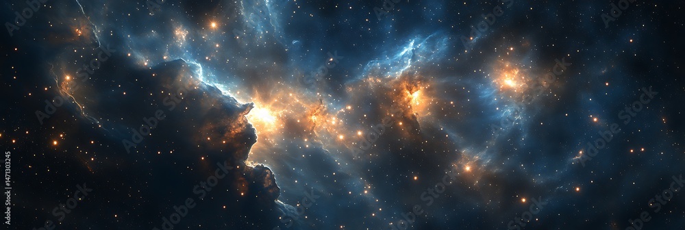 Poster vast space nebula art with glowing stars nestled within hyper-realistic gas formations.