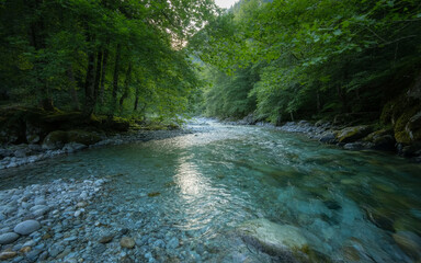 Obraz premium Panorama of Three sisters mountain reflection on pond at sunrise in autumn at Banff national park, Canada