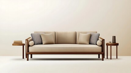 Beige Sofa with Wooden Frame, and Minimalist Room.