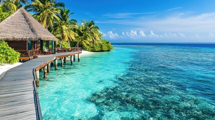 Tropical beach bungalow paradise Tranquil overwater luxury accommodation with crystal-clear water and vibrant marine life 