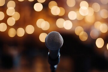 A close-up view of a microphone set on a stand, perfect for public speaking settings.