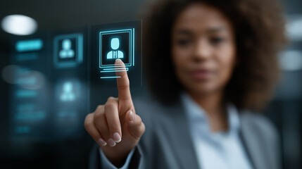 Human resource management technology (HR), Human resource manager touching human resource network structure and checks the CV online to choose the perfect employee for company,