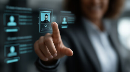 10h Human resource management technology (HR), Human resource manager touching human resource network structure and checks the CV online to choose the perfect employee for company,