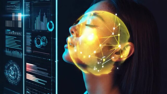 Woman with network overlay concept representing technology and data analysis
