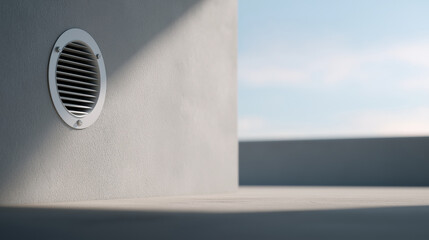  A realistic industrial scene featuring a concrete wall with an exhaust fan, heavy industrial atmosphere, 