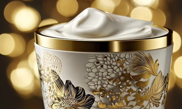 Luxurious cream in an ornate jar with gold detailing and floral patterns
