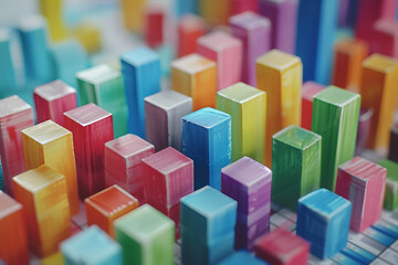 Obraz premium Colorful Wooden Blocks Forming a 3D Bar Graph on Blurred Background