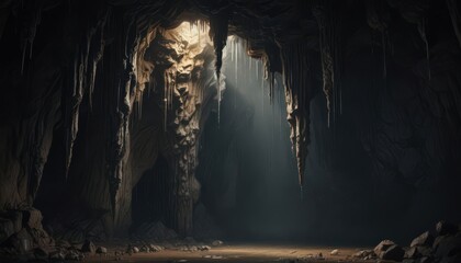 Dark, damp cave  Dripping water, sharp stalactites  Grunge texture , water, stalagmite,  karst