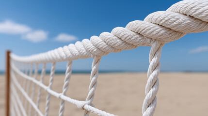 Vibrant and Bright Photography (as a concept) of a photorealistic volleyball net stretched taut on a sunny beach, studio photo style, isolate on white background, suitable for stoc