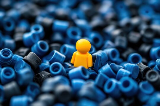 Yellow figure standing out from blue plastic pieces in a close up shot focusing on individuality and uniqueness
