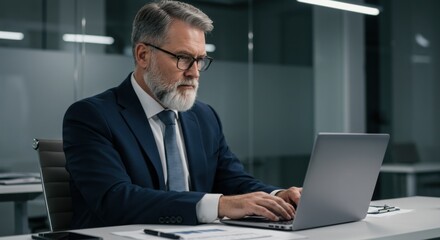 Focused businessman working on laptop in modern office