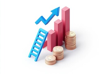 Ascending bar graph, ladder, and coin stacks illustrate financial growth and upward mobility