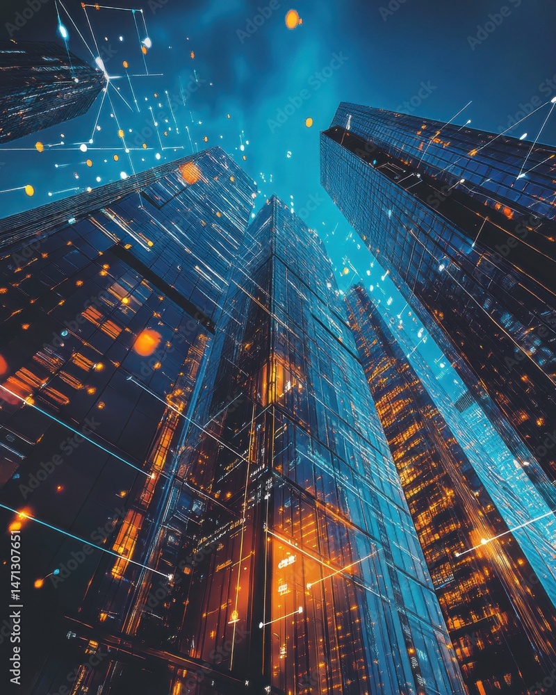 Aufkleber low angle view of modern skyscrapers with digital network connection lines at night in a futuristic 