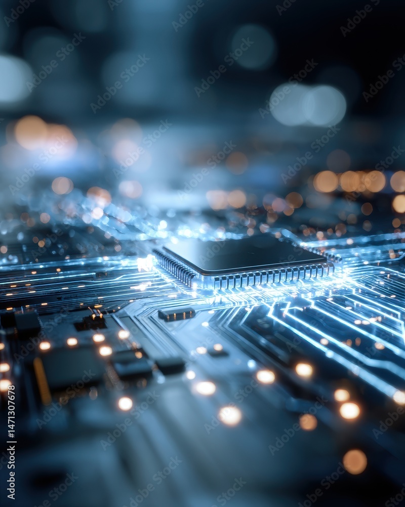 Poster Macro Shot of Computer Chip on Circuit Board with Blue Light Reflections for Technology Concept