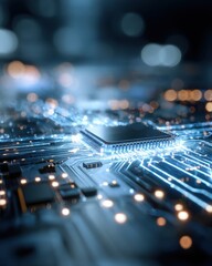Macro Shot of Computer Chip on Circuit Board with Blue Light Reflections for Technology Concept